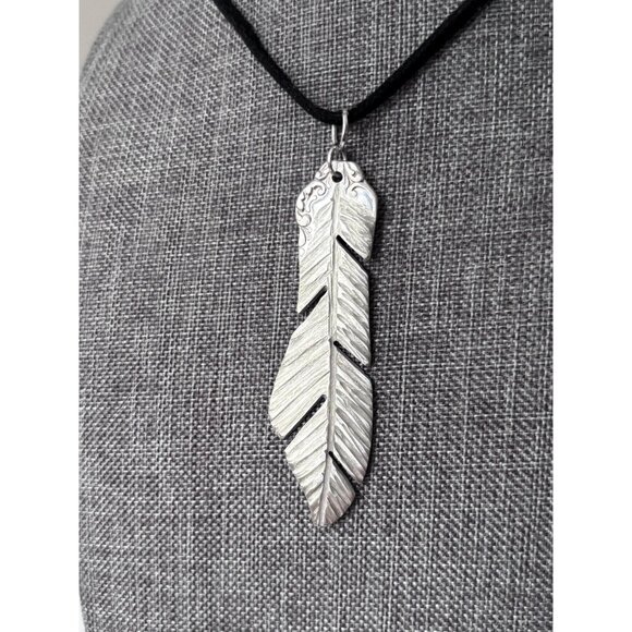 Upcycled Antique Silverware Feather Pendant Necklace: Bohemian Flatware Jewelry - Picture 2 of 7